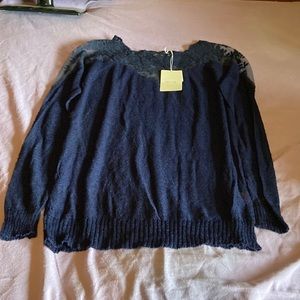 Blue sweater, lace neckline and shoulders
